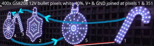 400x GS8208 bullet pixels at white with 40% intensity, V+ and ground each joined between pixels 1 and 351